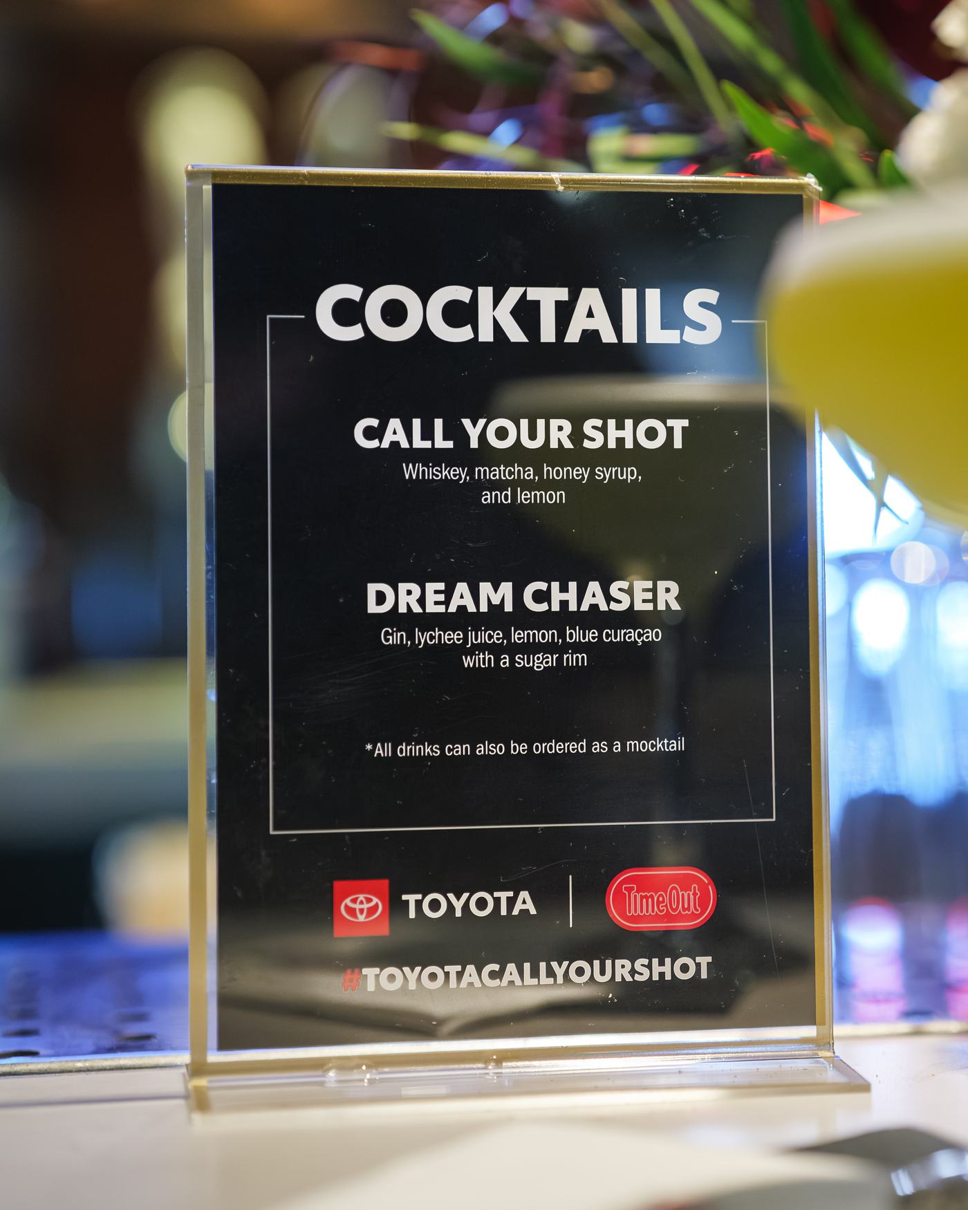 Printed cocktail menu signage for Call Your Shot